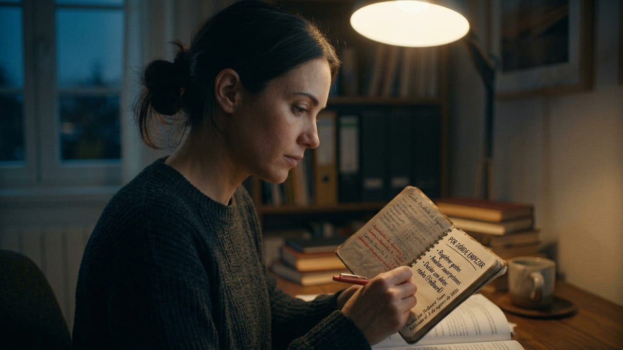 Woman handwriting a list of first steps for tracking her expenses in a notebook under a desk lamp
