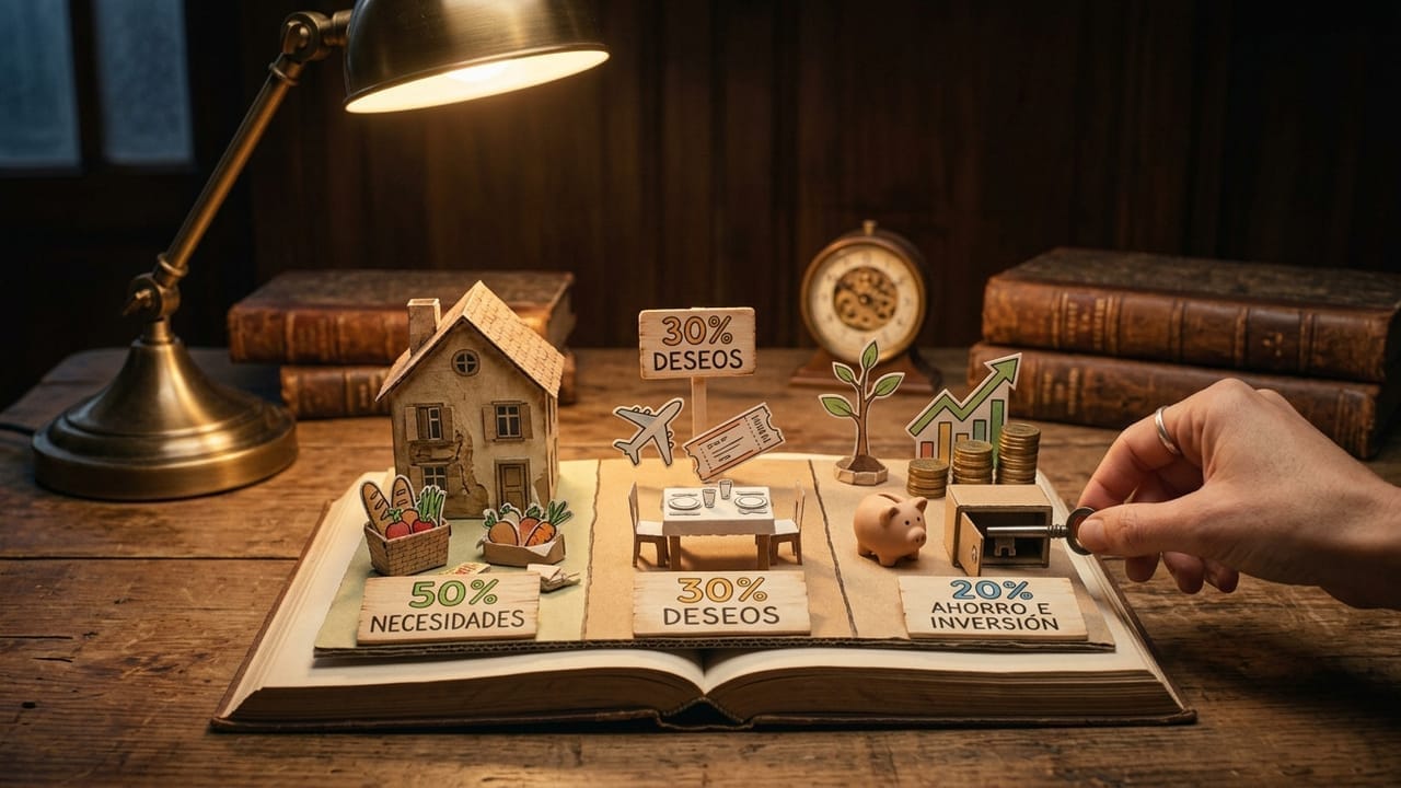 Maqueta de papel sobre un libro abierto que reparte el presupuesto en 50 % necesidades, 30 % deseos y 20 % ahorro e inversión