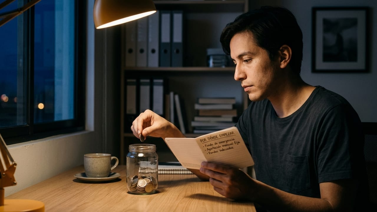 Hombre echando una moneda en un tarro de cristal mientras lee una libreta con una lista manuscrita de primeros pasos para invertir
