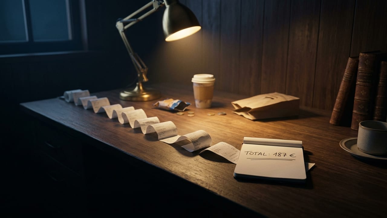 Hilera de tiques enrollados sobre un escritorio, junto a un café para llevar, una bolsa de papel y una libreta con el total anotado a mano