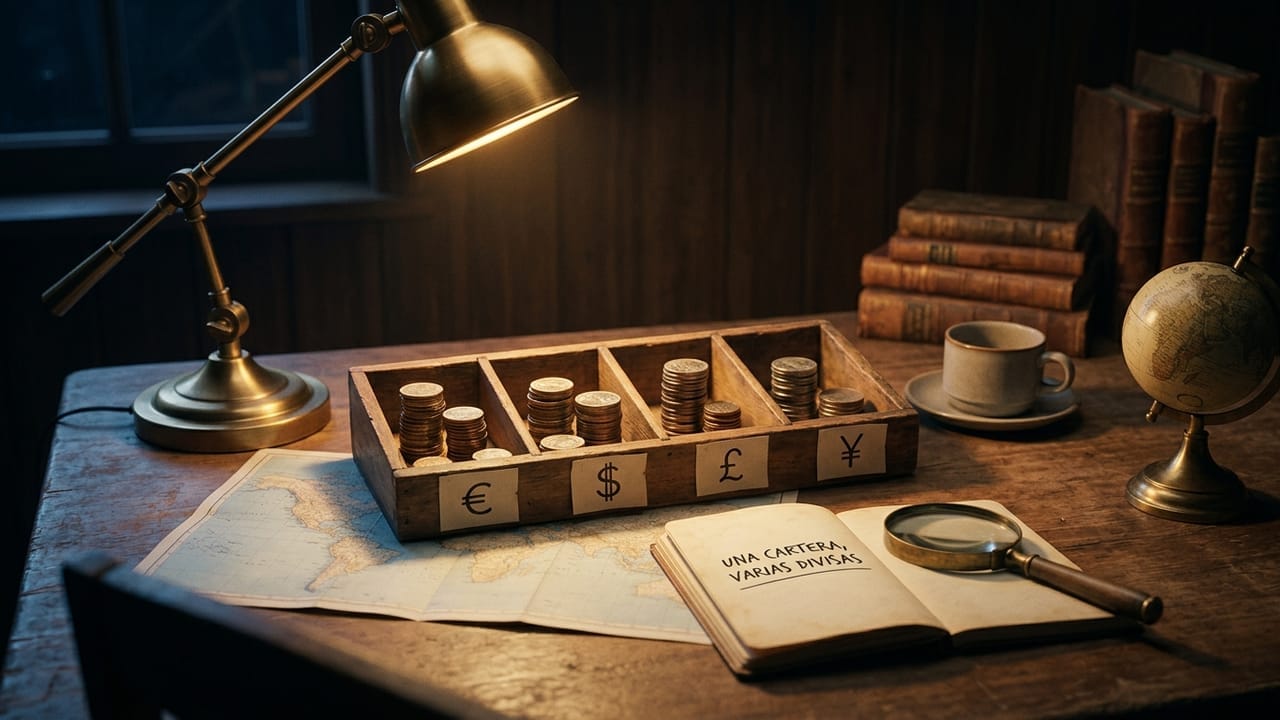 Wooden tray with four coin compartments labelled with different currency symbols, resting on a world map