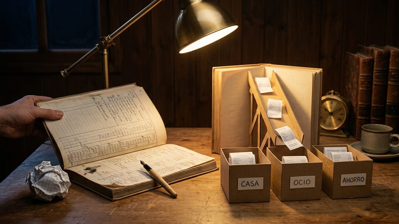 Libro de contabilidad manuscrito junto a tres cajas de cartón etiquetadas por categoría de gasto, con una hoja de cuadrícula arrugada al lado
