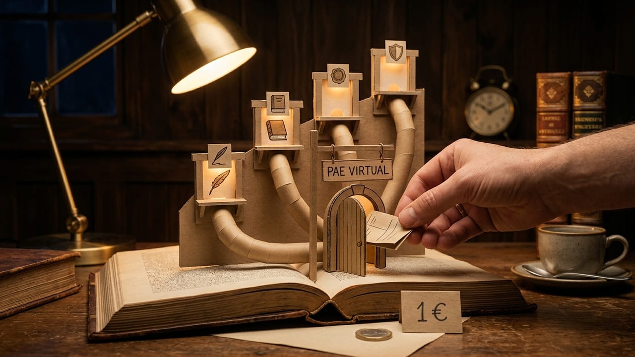 Cardboard model of an administrative counter with several steps linked by tubes and a one-euro capital sign
