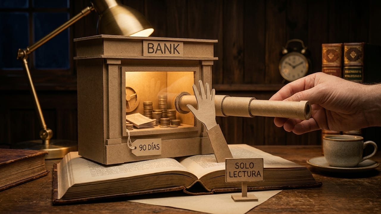 Maqueta de cartón de un banco con una mano de papel y un catalejo asomados a la cámara acorazada, junto a un cartel de solo lectura
