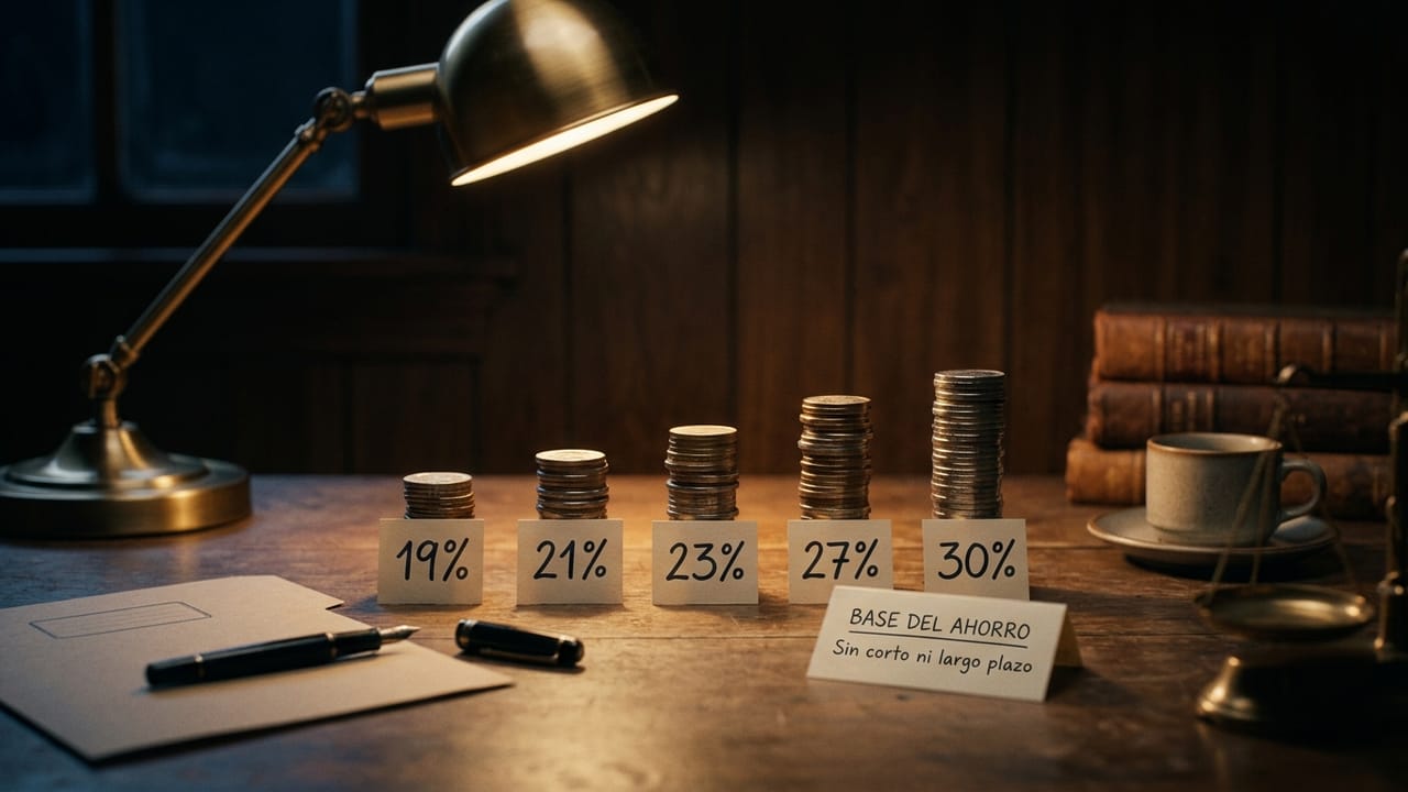 Five growing coin stacks labelled with the tax rates that apply to the savings base