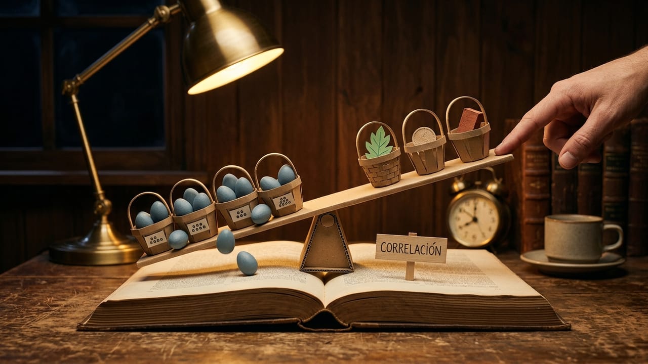 Cardboard see-saw with several baskets of identical eggs on one side and three different baskets on the other, beside a correlation sign