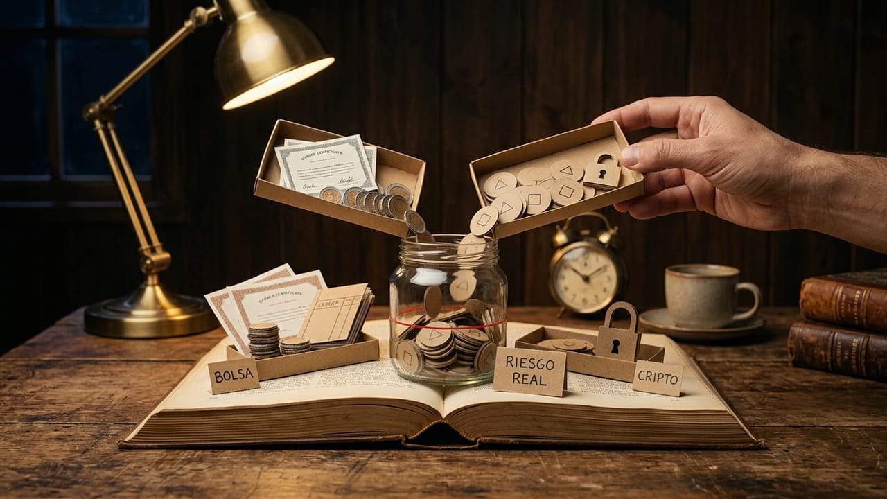 Two cardboard boxes pouring stock certificates and crypto tokens into one and the same glass jar