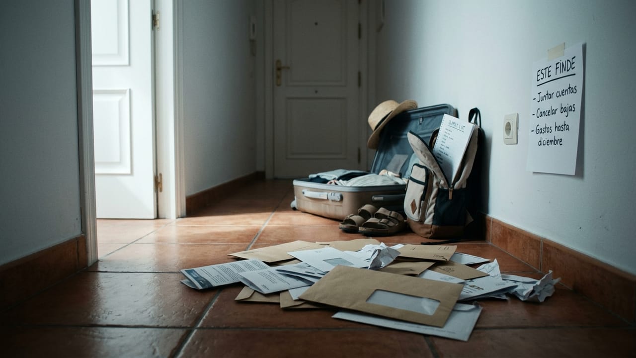 Open suitcase and a pile of unopened mail in a hallway, with a weekend to-do list taped to the wall