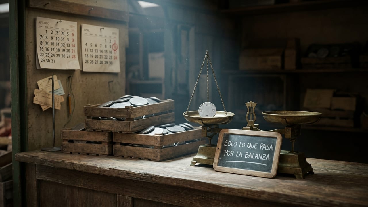 Old shop scale with a single token in one pan and a chalkboard noting that only what crosses the scale counts