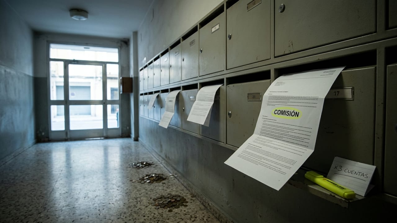 Vestíbulo de buzones con una carta de comisiones resaltada en amarillo y monedas caídas por el suelo