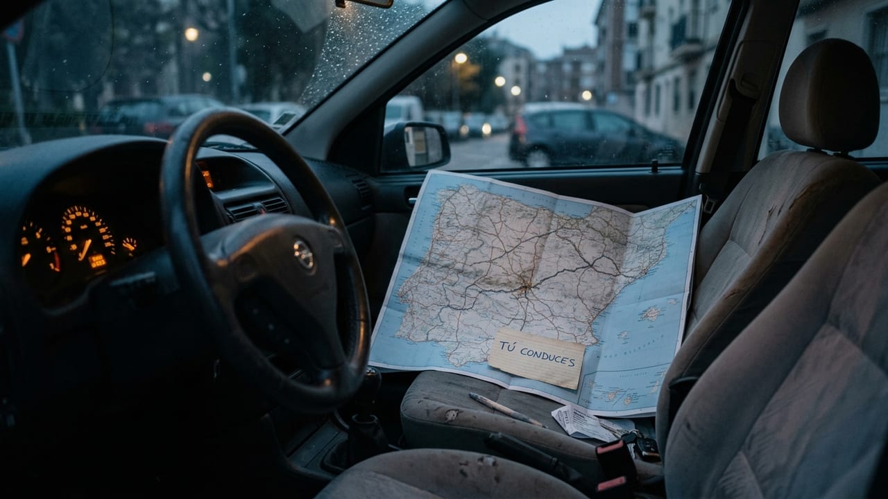 Interior de un coche al anochecer con un mapa de carreteras desplegado en el asiento del copiloto y una nota manuscrita que dice «Tú conduces».