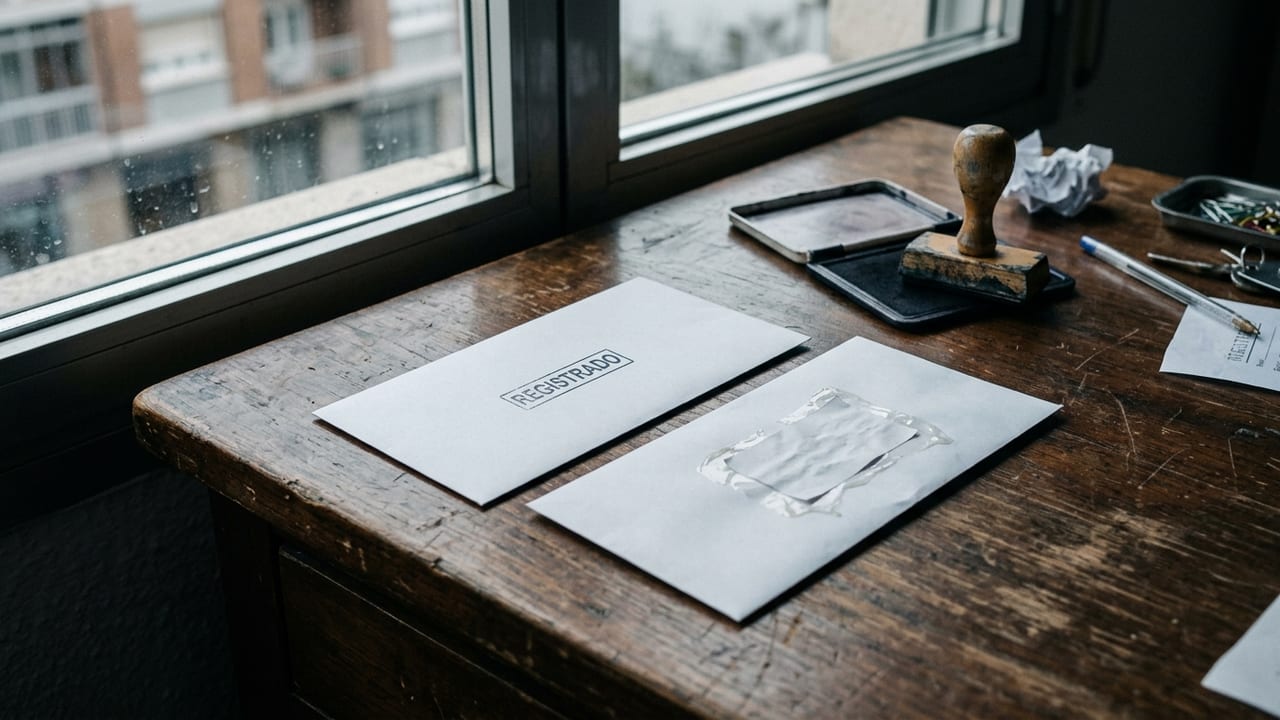 Dos sobres blancos sobre una mesa de madera junto a una ventana: uno lleva un sello oficial que dice «Registrado» y el otro una etiqueta pegada a mano que lo imita.