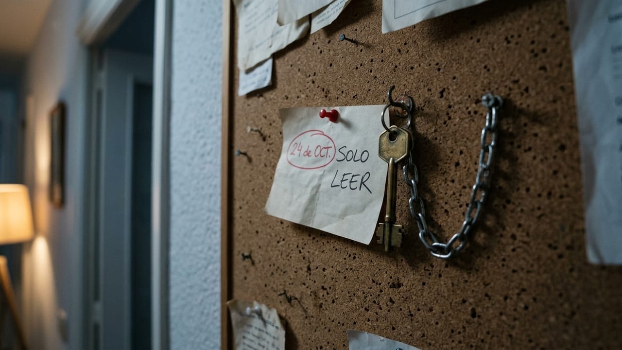 Eine Korkpinnwand in einem Flur mit einem handgeschriebenen Zettel „Solo leer“ (nur lesen) und einem rot eingekreisten Datum, daneben ein an die Wand geketteter Schlüssel.