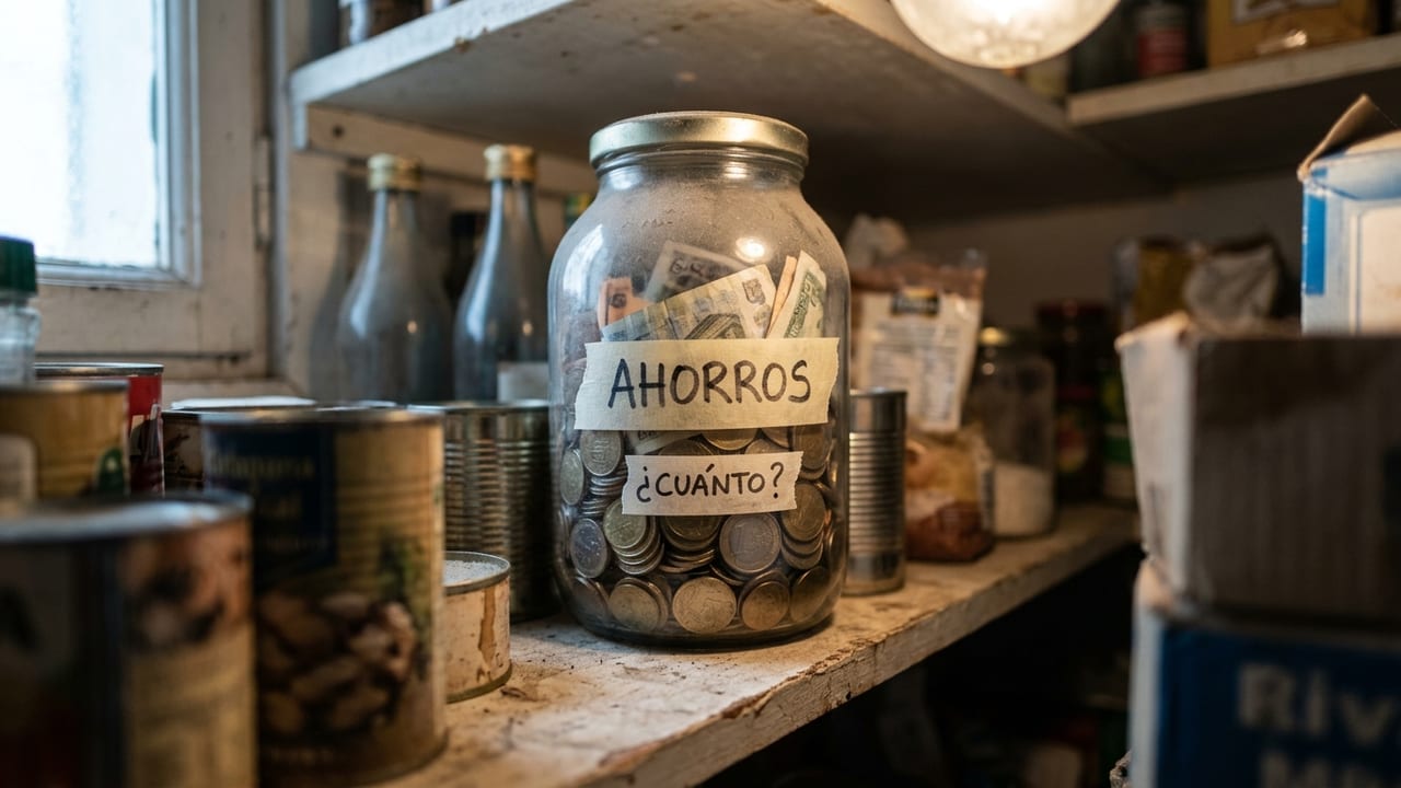 Ein Glas voller Münzen und Geldscheine auf einem Vorratsregal, mit zwei aufgeklebten Papieretiketten: „Ahorros“ (Ersparnisse) und „¿Cuánto?“ (wie viel?).