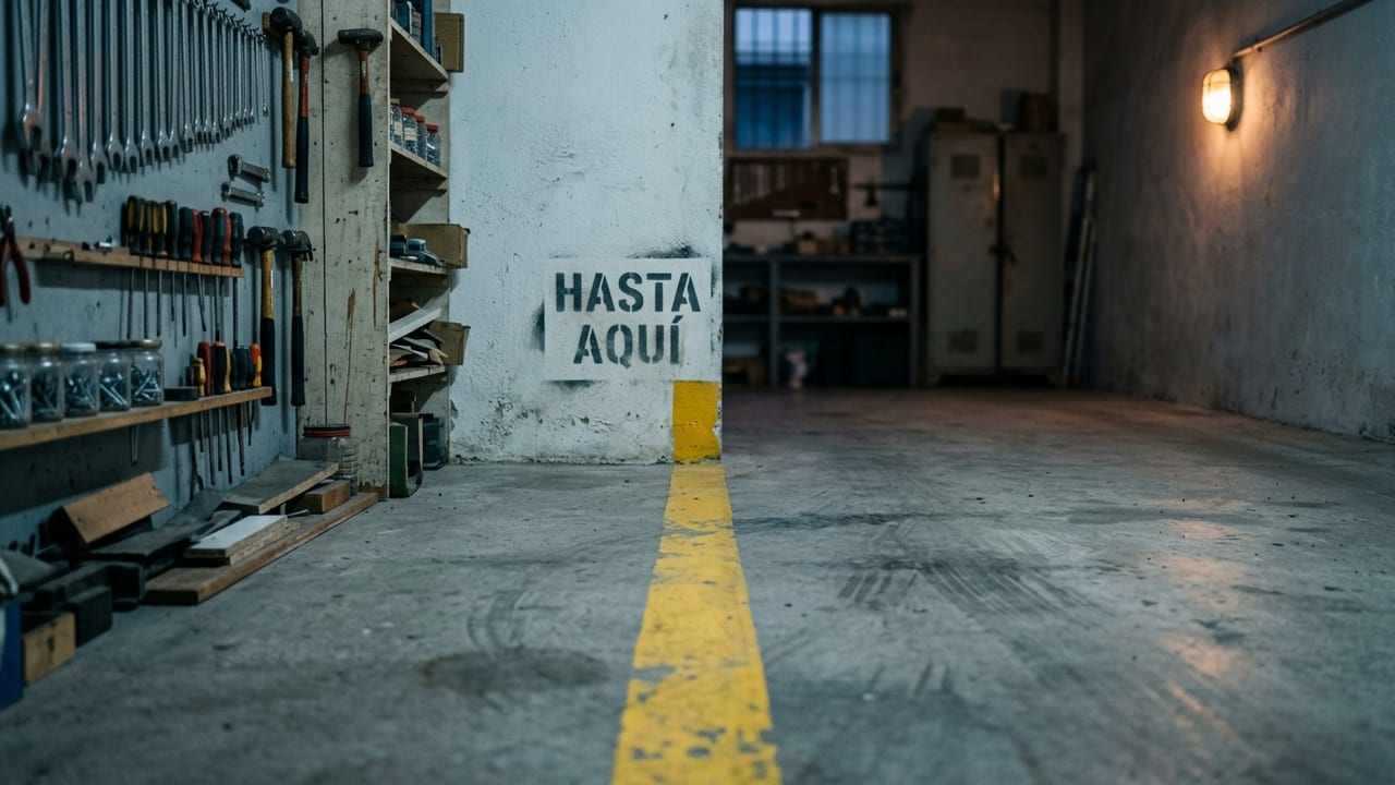 A workshop with a yellow line painted across the floor and a stencilled wall sign reading "Hasta aquí" (this far and no further); the tools stay on one side of the line.