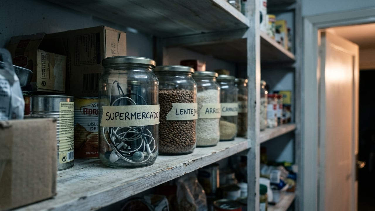 A pantry shelf of hand-labelled jars; the one marked "Supermercado" (groceries) holds a pair of headphones instead of food, next to jars of lentils and rice.