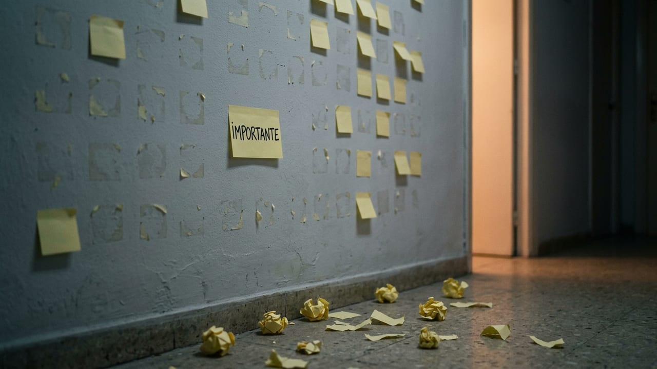 Pared de pasillo llena de marcas de pósits arrancados, con notas amarillas arrugadas por el suelo y una sola nota intacta que dice «Importante».
