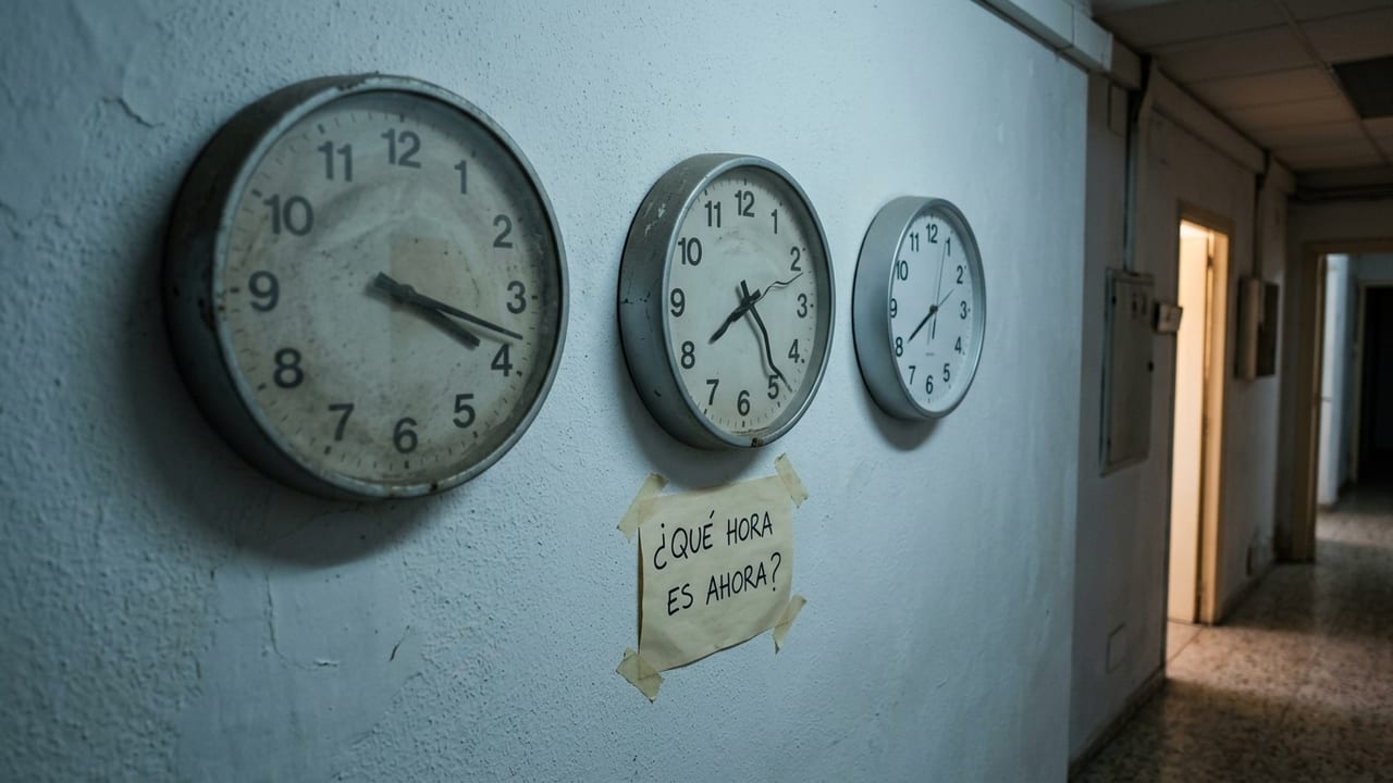 Tres relojes de pared en un pasillo marcando horas distintas, con un papel pegado debajo que pregunta «¿Qué hora es ahora?».