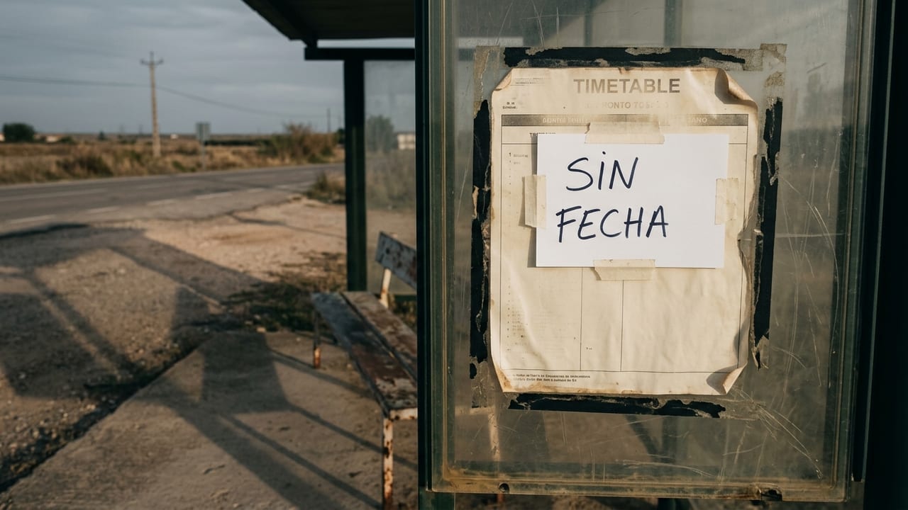A rural bus shelter with a sun-bleached paper timetable behind scratched glass and a white card taped over it reading "Sin fecha" (no date).