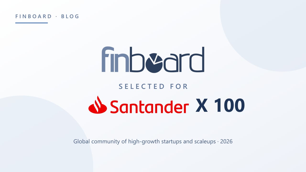 FinBoard logo next to the Santander X 100 logo on a dark blue background, announcing FinBoard's selection for the programme